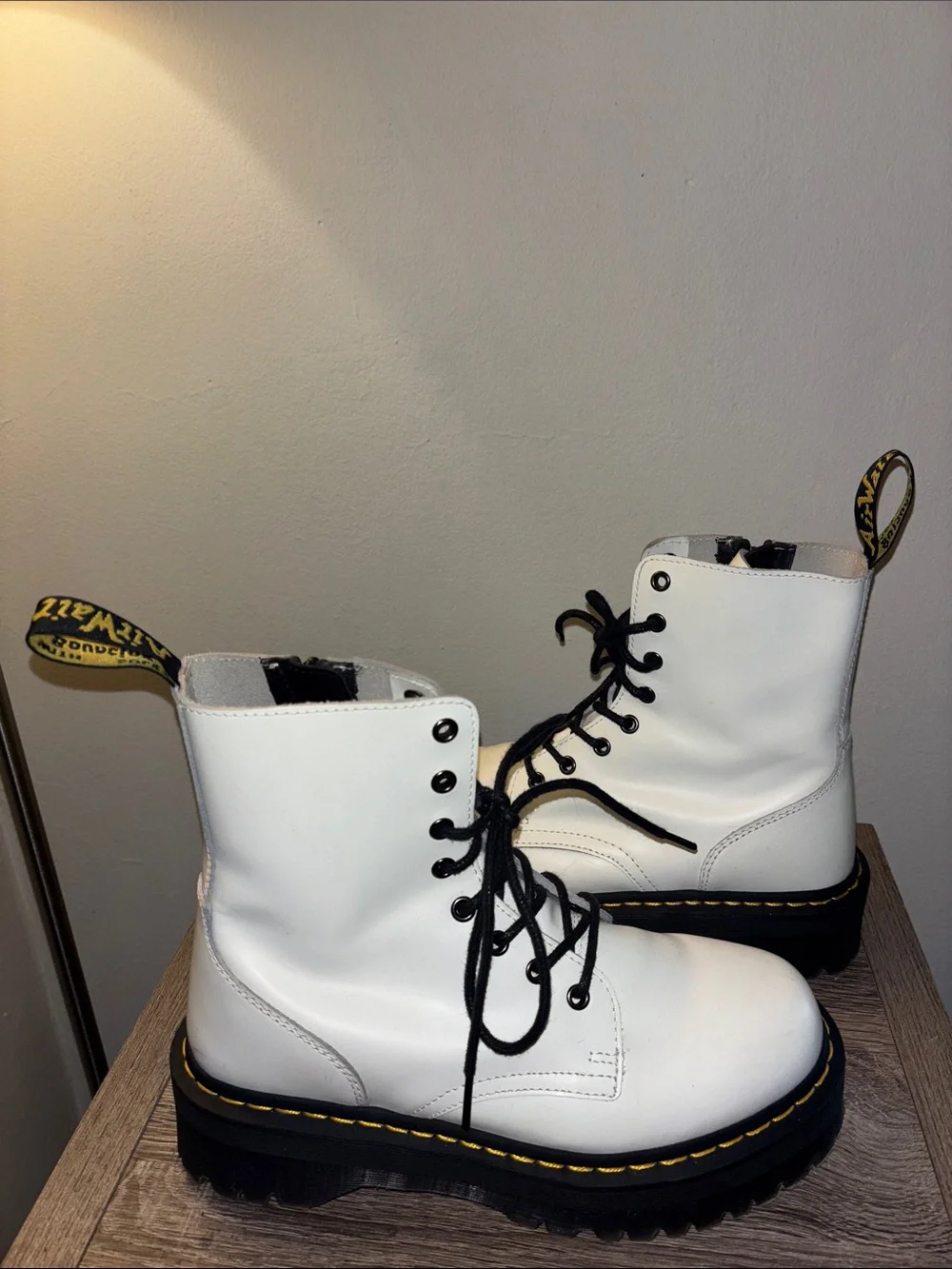 Dr. Martens White Leather Platform Combat Boots with Black Laces